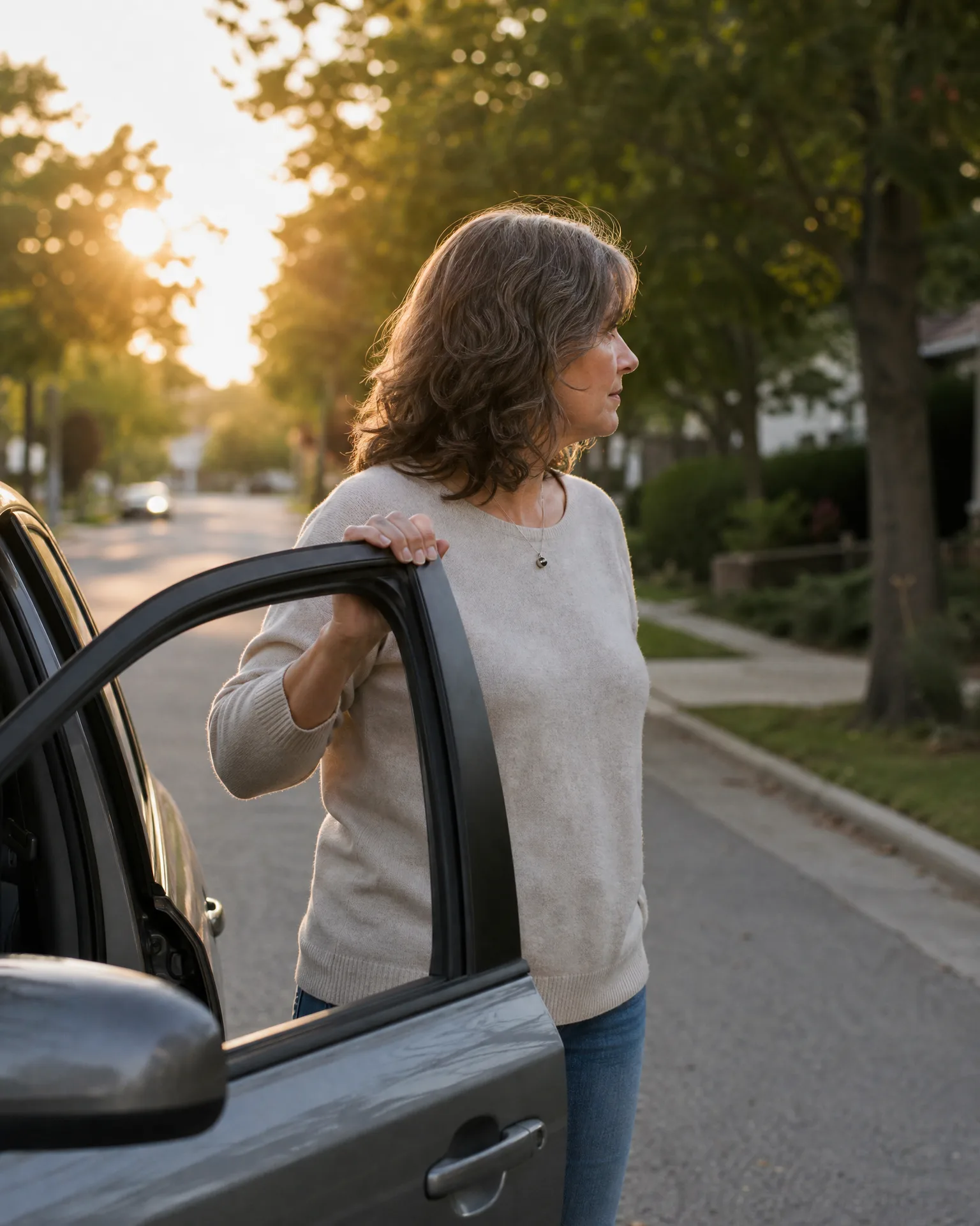 A woman in a cream sweater and jeans stands beside an open car door on a tree-lined residential street at sunset, looking to her right.