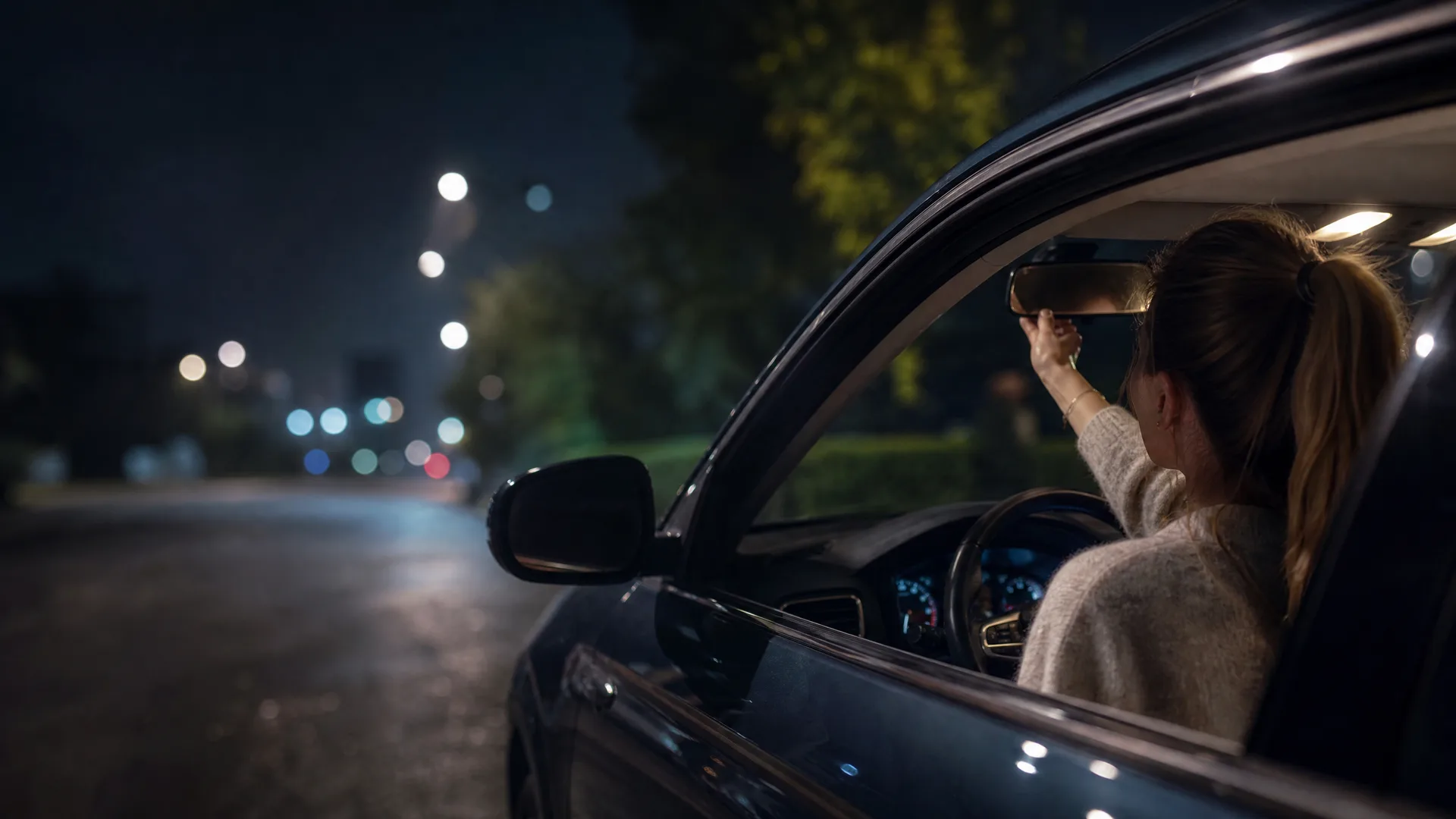A woman in a light knit sweater sits in the driver's seat of a car at night, reaching up to adjust the rearview mirror, seen through the open passenger-side window with blurred street lights in the background.