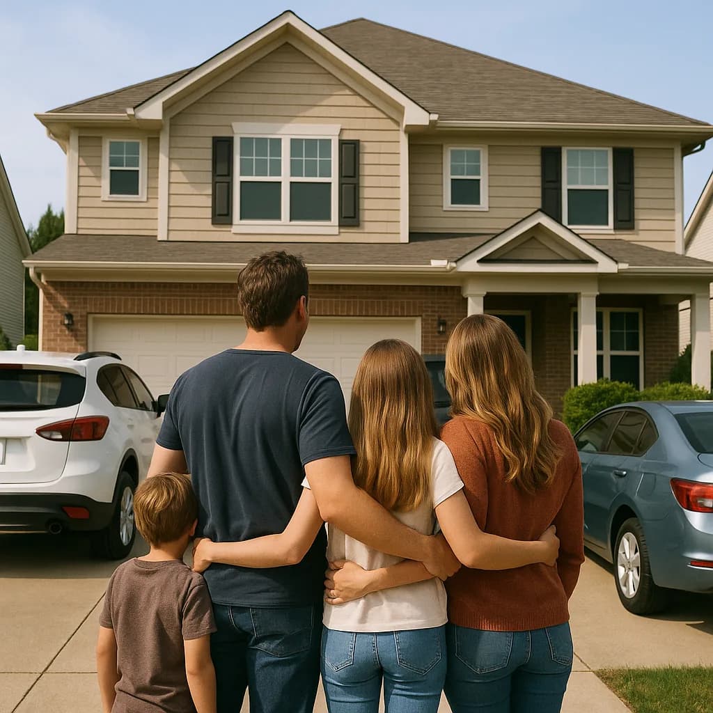 Family of four looking at their two-story suburban home with garage and two cars in driveway