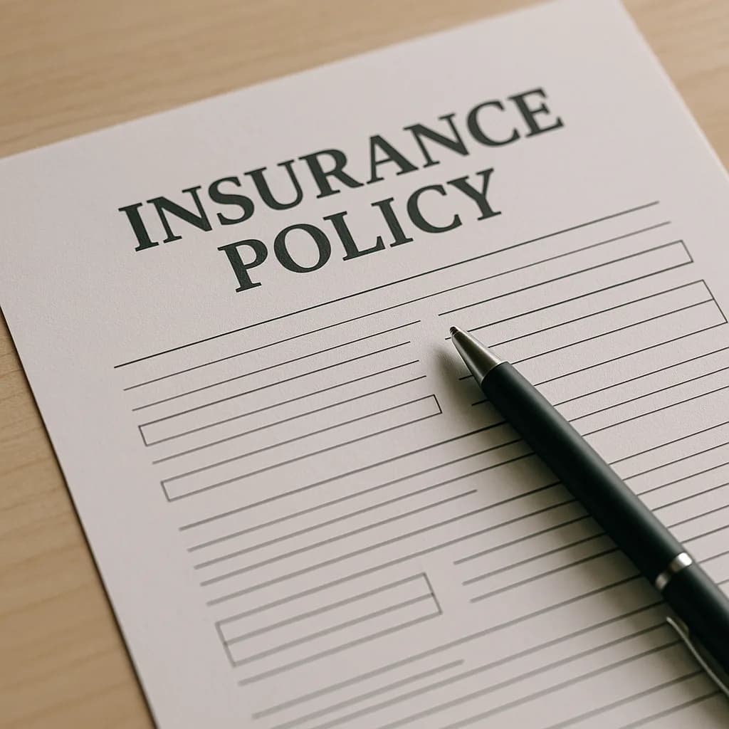 Insurance policy document with blank form fields and a black pen on wooden desk