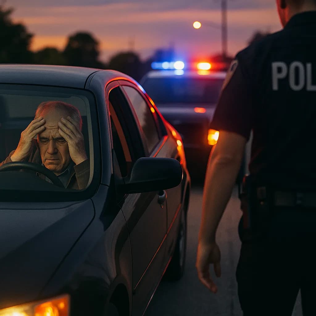 Stressed driver with hands on head during police traffic stop at sunset with emergency lights in background