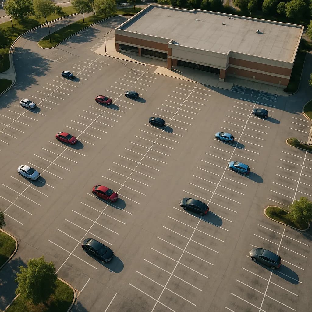 Aerial view of a mostly empty parking lot with scattered cars in front of a commercial building
