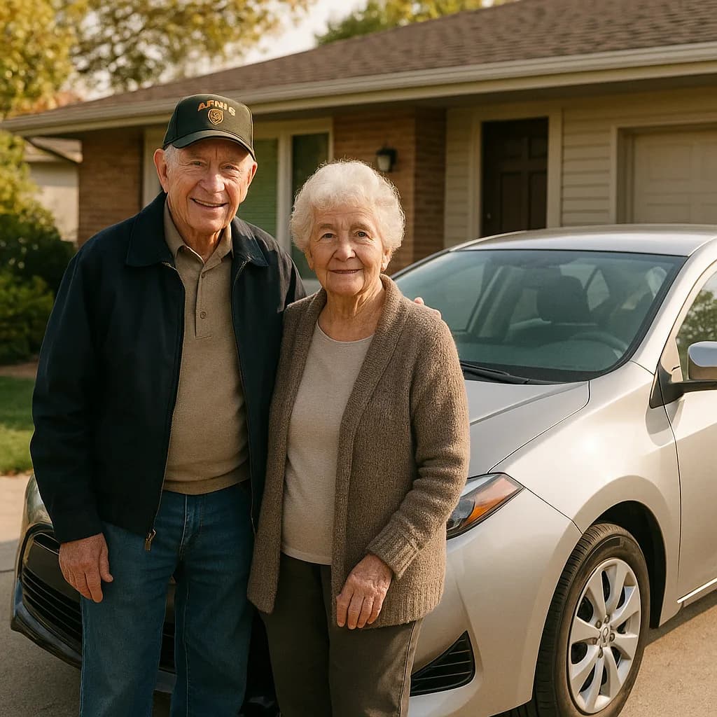 Elderly couple standing in driveway in front of white car and suburban home