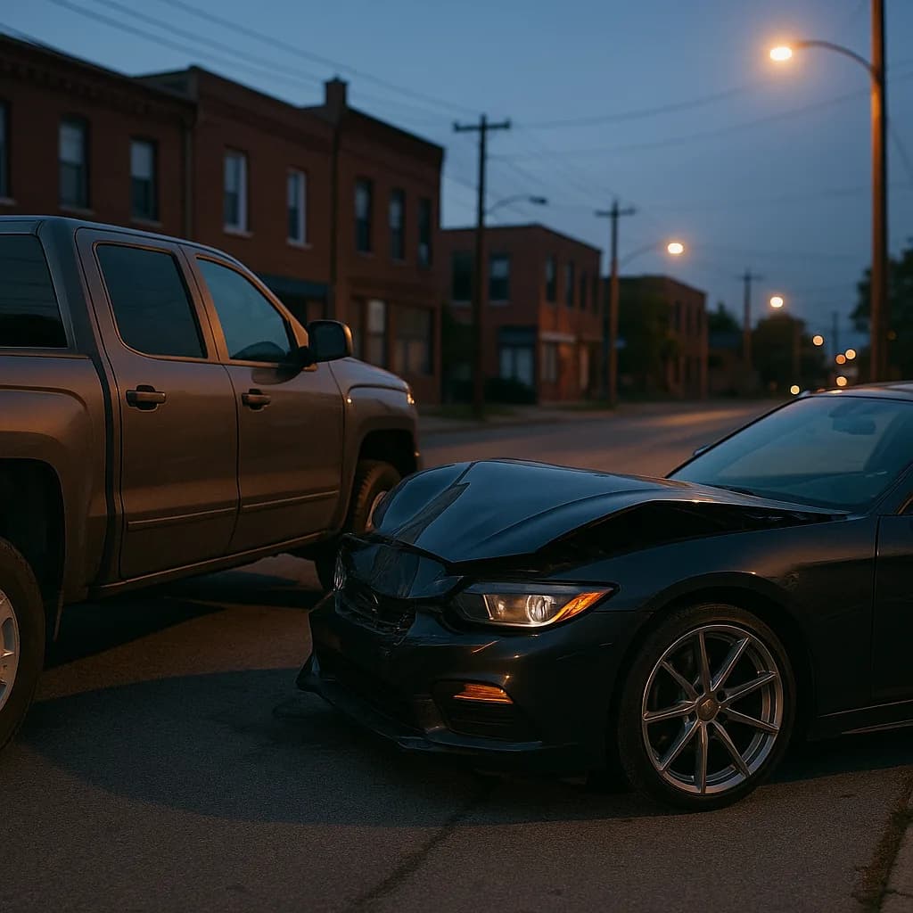 Two vehicles involved in a collision on a city street at dusk with damaged front ends