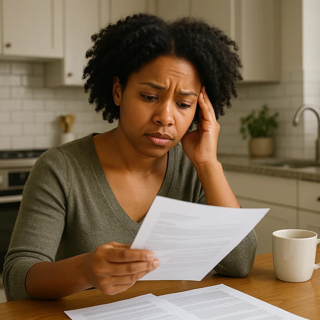 Stressed woman reviewing financial documents at kitchen table with concerned expression