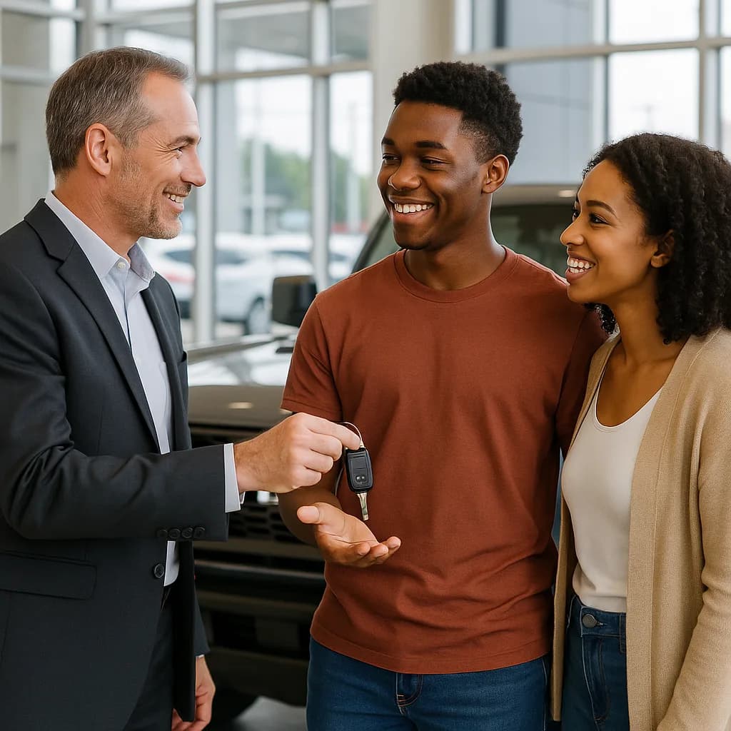 Car salesman handing keys to happy young couple in modern dealership showroom