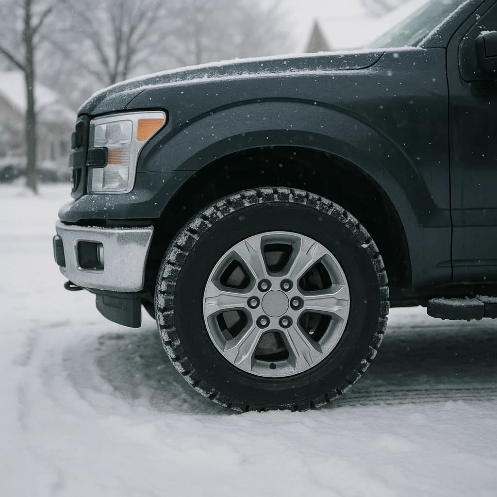 Dark pickup truck wheel with alloy rim in snowy winter weather, snow covering tire and fender