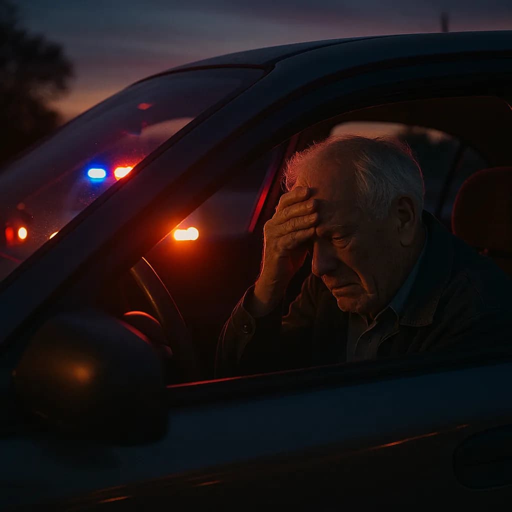 Stressed elderly driver with hand on forehead as police lights flash behind car at dusk