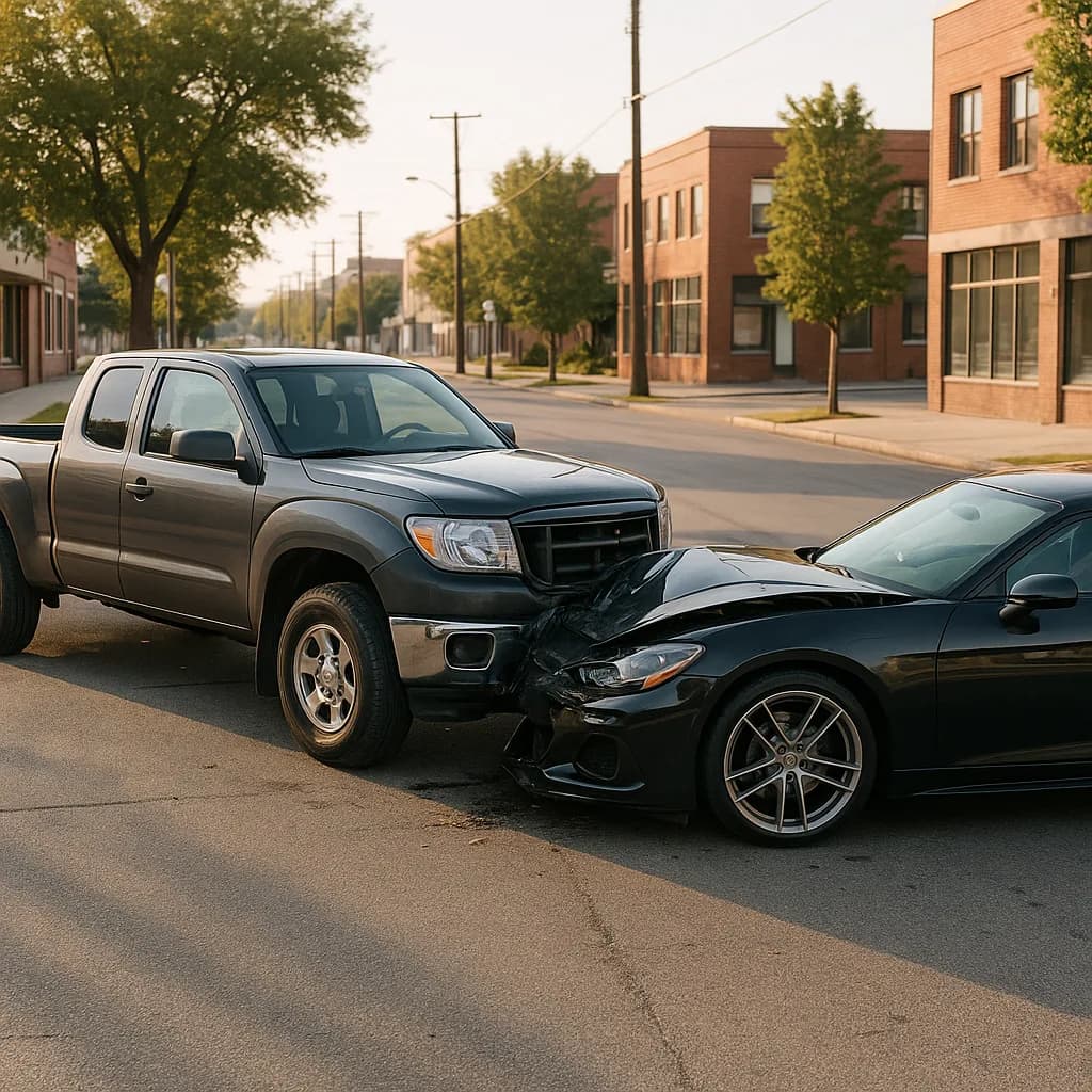 Two cars in a front-end collision on a city street with brick buildings in background