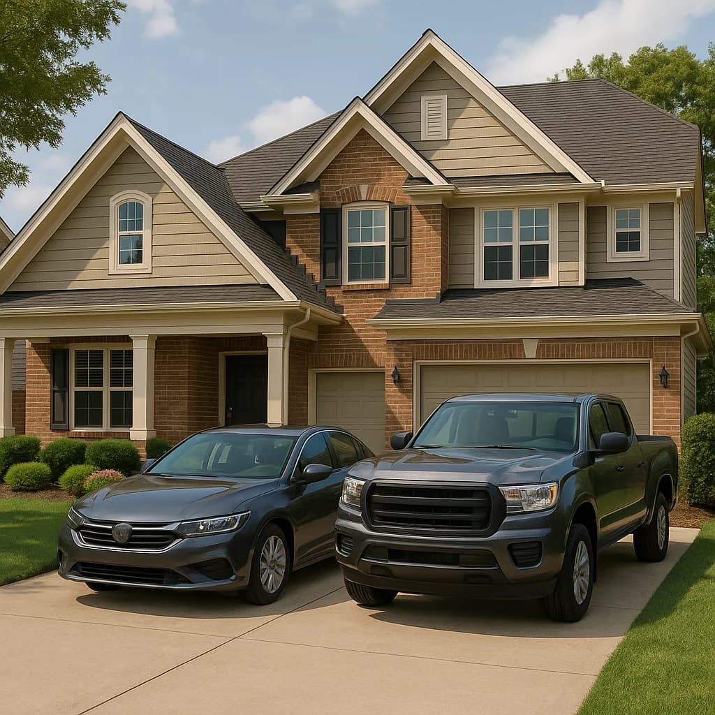 Two-story brick and siding house with sedan and pickup truck parked in driveway