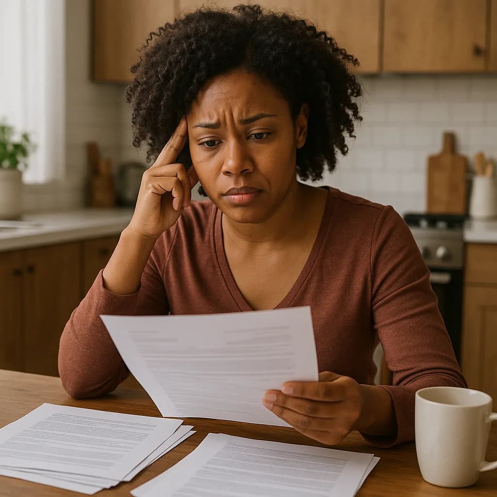 Worried woman reviewing financial documents at kitchen table with papers and coffee mug