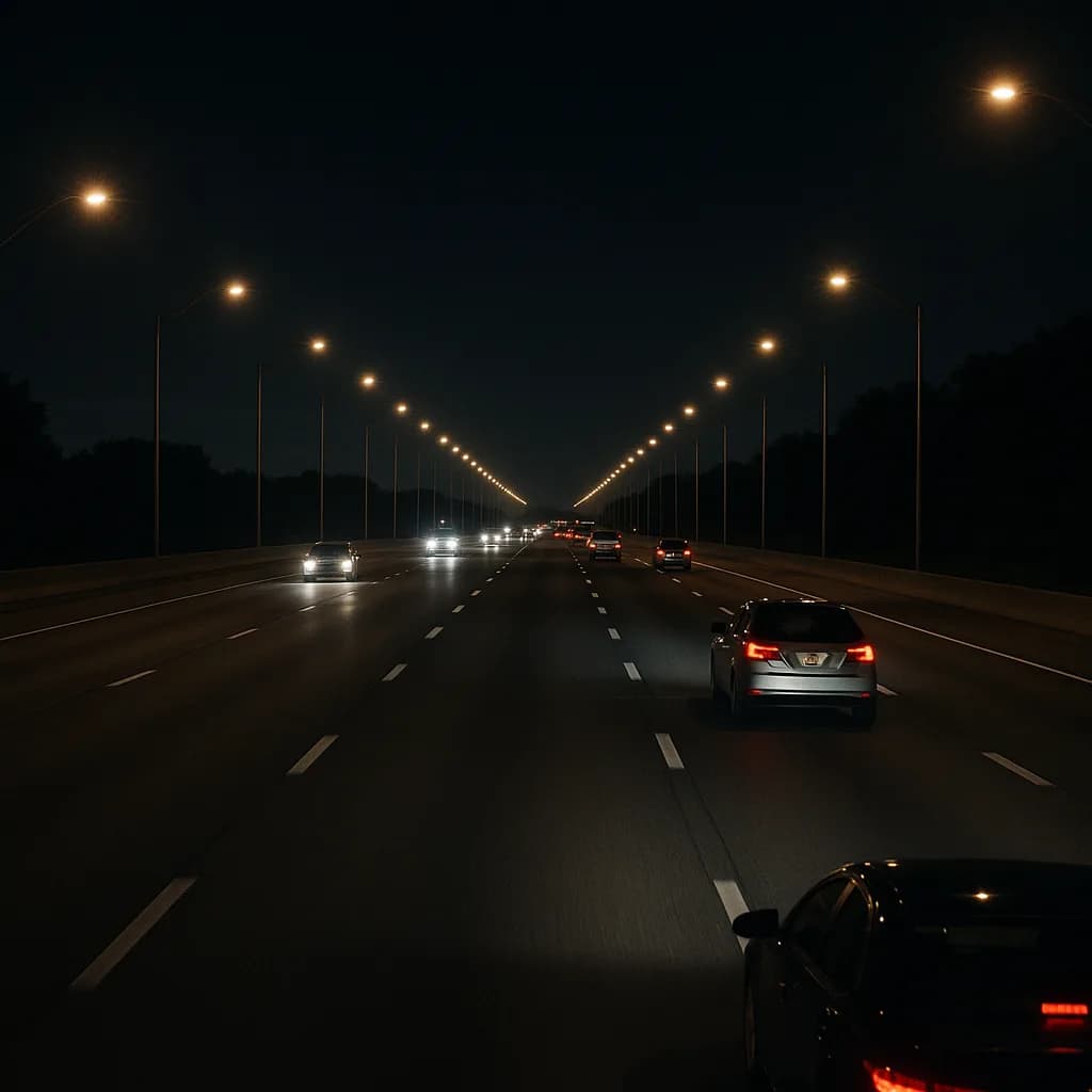 Night highway with streetlights and car taillights stretching into distance on multi-lane road