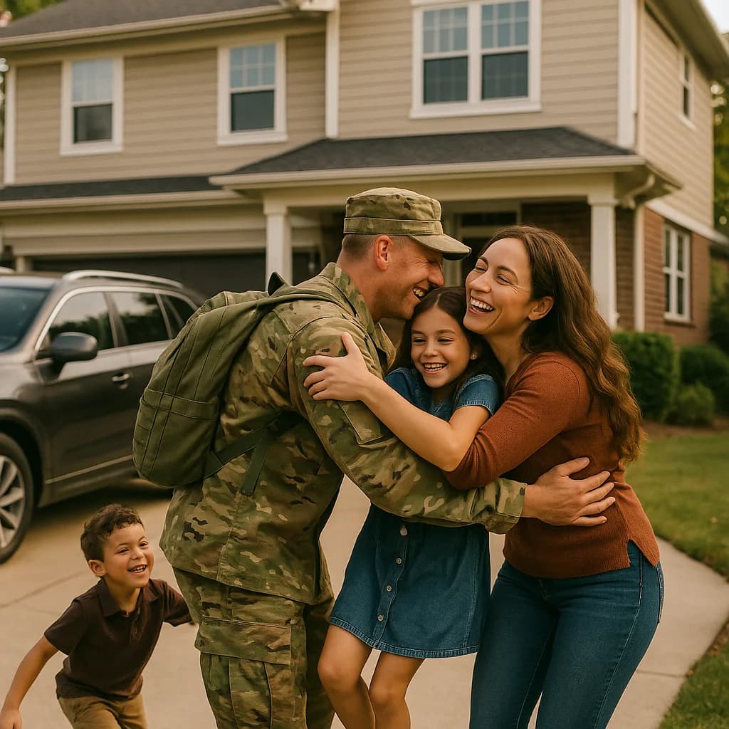 Soldier in military uniform reuniting with happy family in front of suburban home