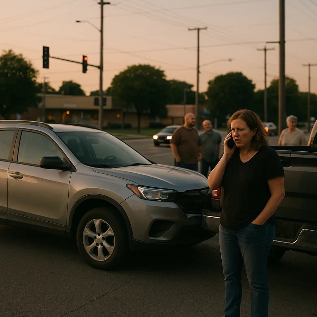 Woman on phone call next to damaged car after traffic accident at intersection during sunset