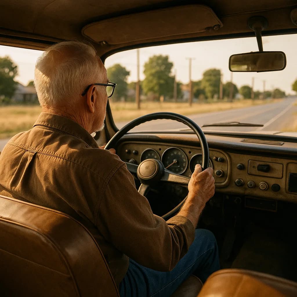 Senior man with glasses driving vintage car on rural road during golden hour