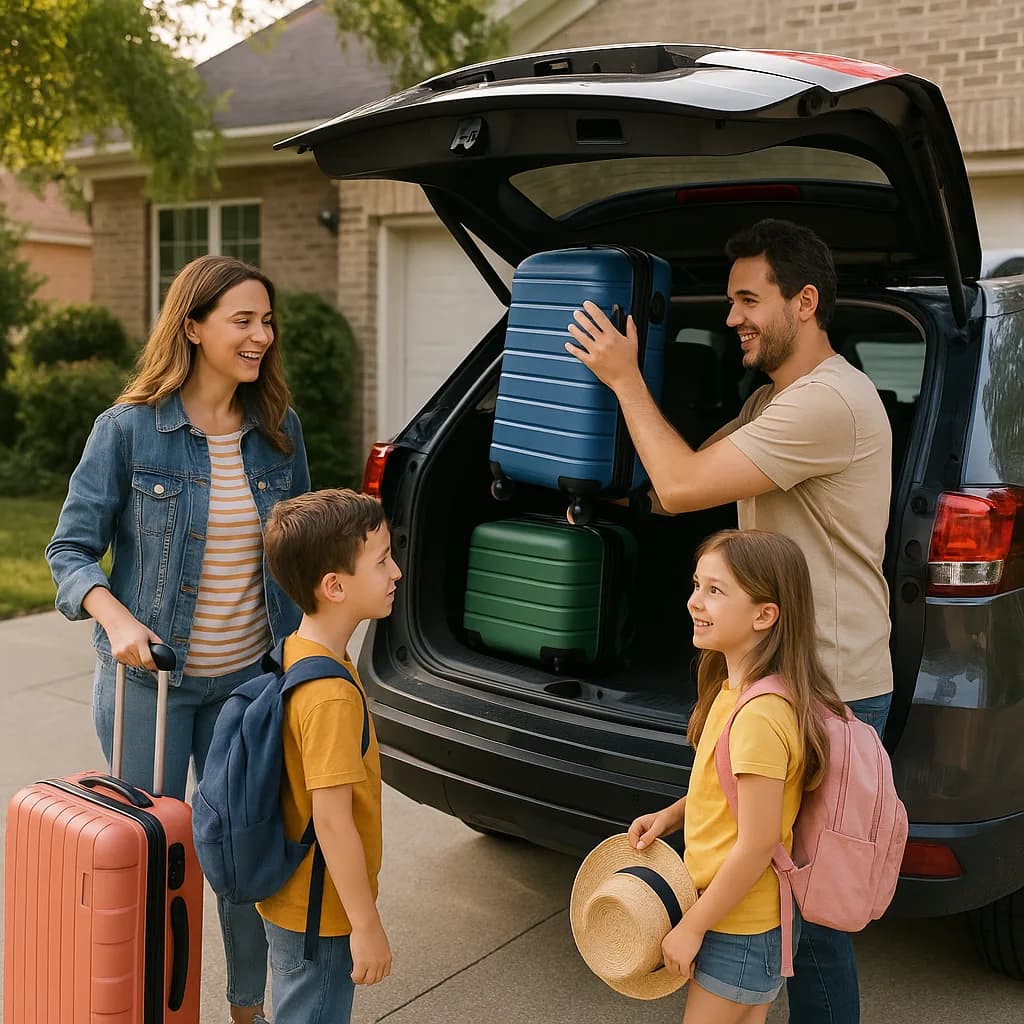 Family loading colorful suitcases into SUV trunk in driveway preparing for vacation
